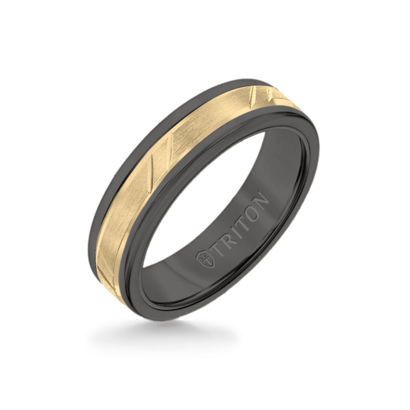 Triton 6MM Black Tungsten Carbide Ring - Bevel Diagonal Cut 14K Yellow Gold Insert with Round Edge