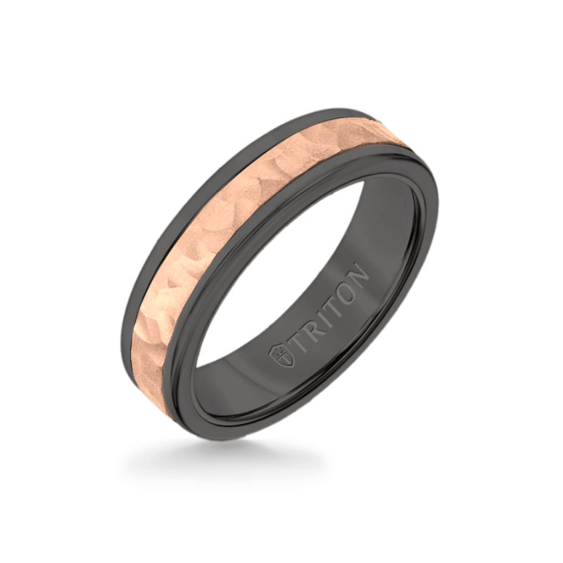 Triton 6MM Black Tungsten Carbide Ring - Hammered 14K Rose Gold Insert with Round Edge