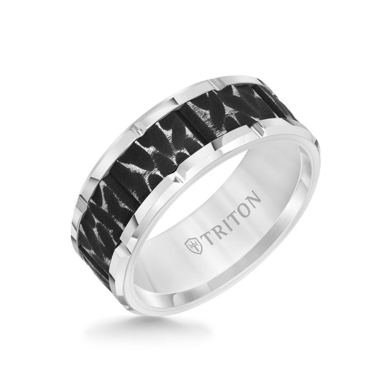 Triton 9MM Tungsten Carbide Ring - Black Sandblasted Distressed Center and Bevel Edge