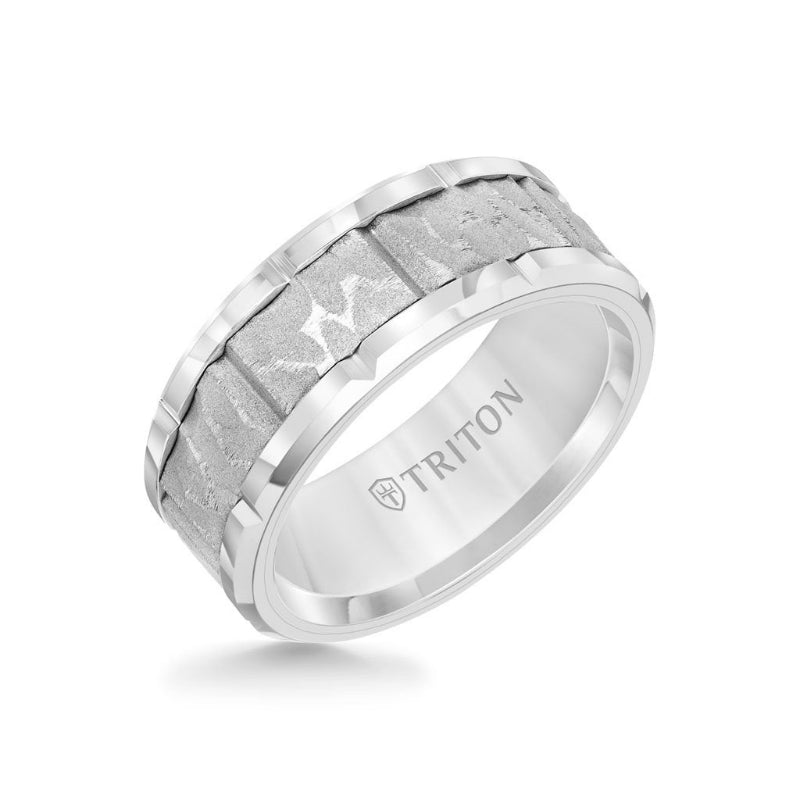 Triton 9MM Tungsten Carbide Ring - Sandblasted Distressed Center, Bevel Edge & Bright Rims
