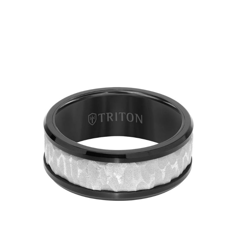 Triton 9MM Tungsten Carbide Ring - Sandblasted Distressed Center, Bevel Edge & Polished Rims
