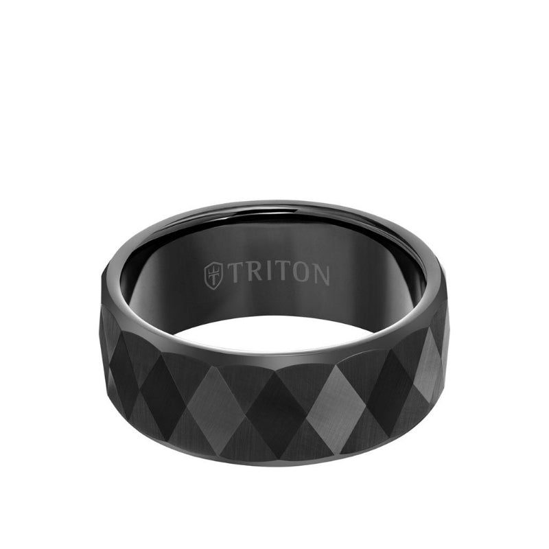 Triton 9MM Tungsten Carbide Ring - Faceted Diamond Pattern and Flat Edge