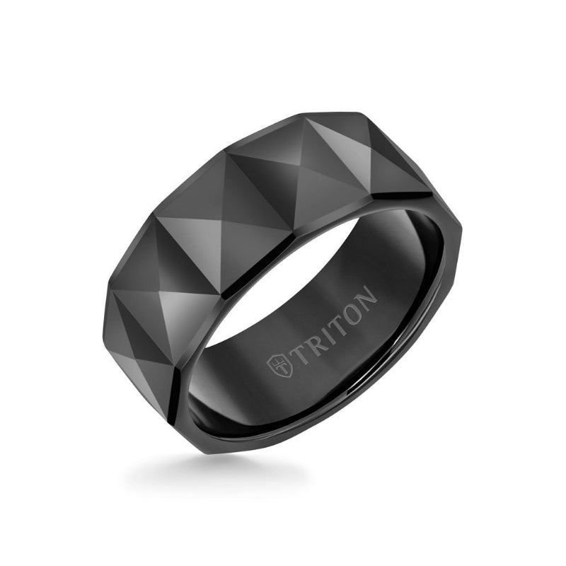 Triton 9MM Tungsten Carbide Ring - Faceted Pyramid Pattern and Round Edge