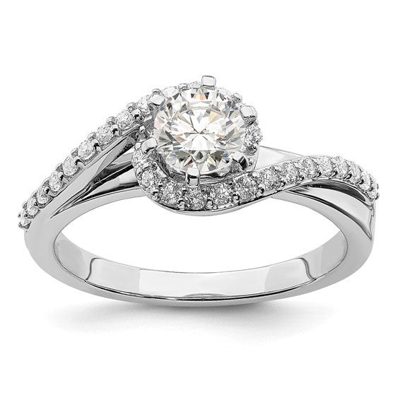 Quality Gold 14k White Gold By-Pass Halo (Holds 1/2 carat (5.2mm) Round Center) 1/3 carat Diamond Semi-mount Engagement Ring