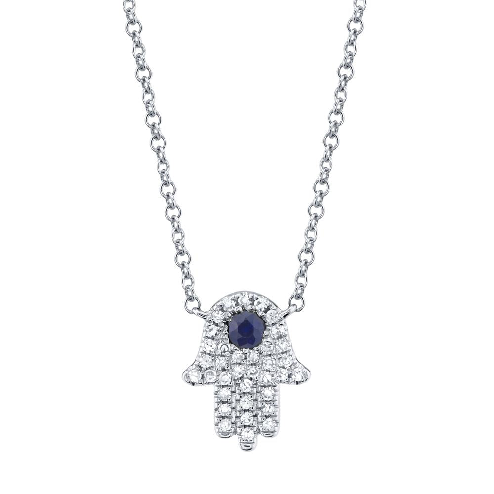 Shy Creation 14k Gold White 0.09Ct Diamond & 0.08Ct Blue Sapphire Hamsa Necklace