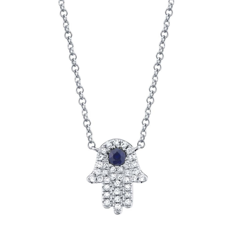 Shy Creation 14k Gold White 0.09Ct Diamond & 0.08Ct Blue Sapphire Hamsa Necklace