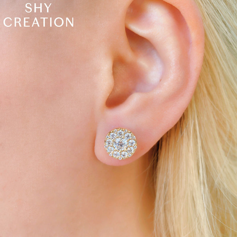 Shy Creation 14k Gold White 1.00Ct-Ctr(Round) 1.00Ct-Side Diamond Cluster Earring