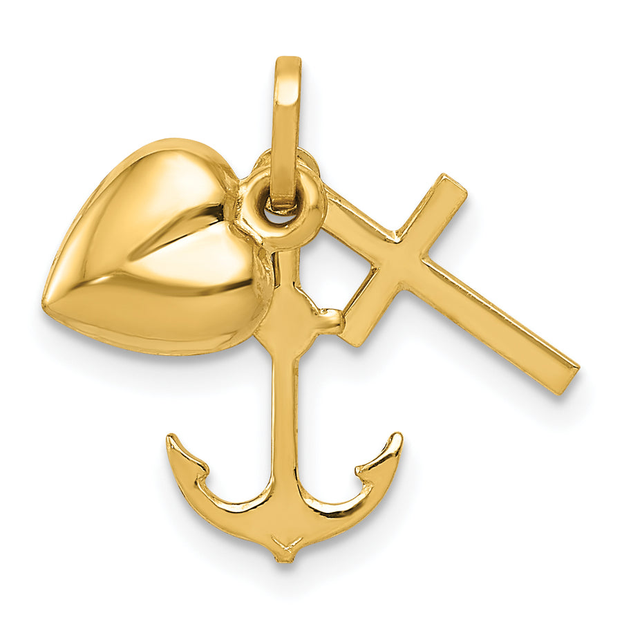 Quality Gold 14K Polished Heart Cross Anchor Pendant