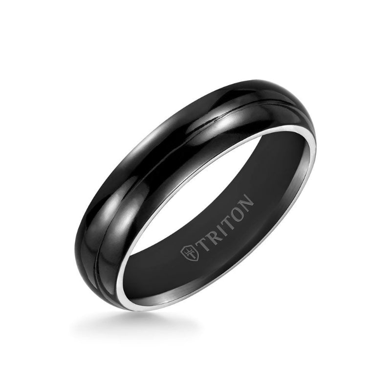 Triton 6MM Titanium Ring - Domed Black Satin Center and Bevel Edge