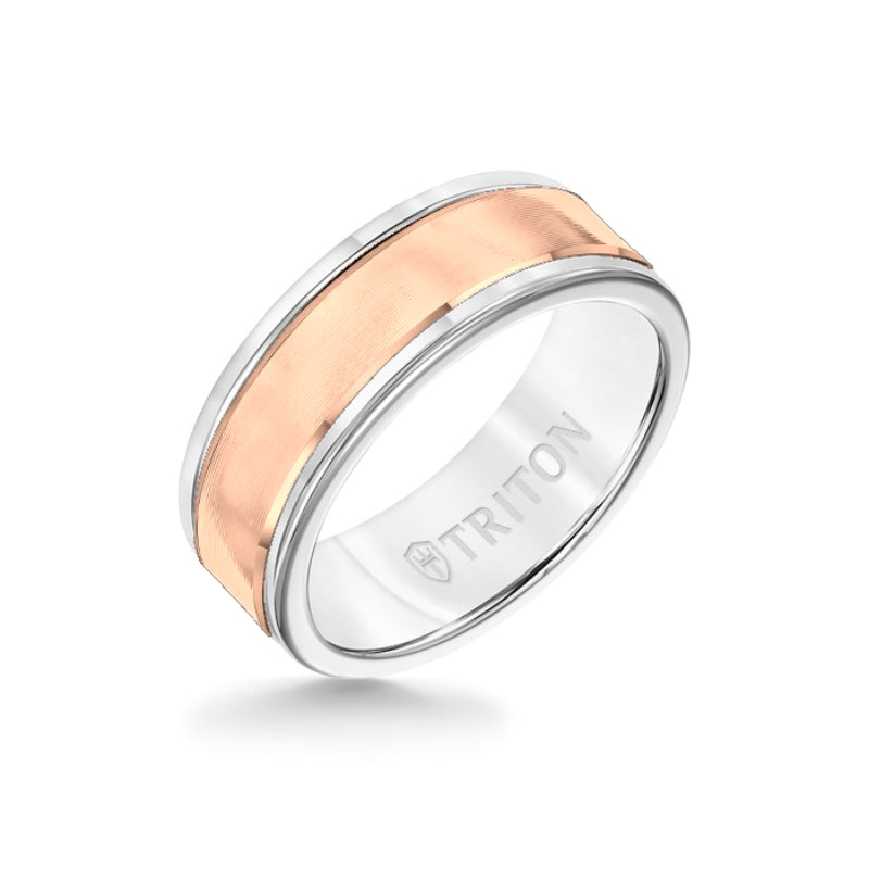 Triton 8MM White Tungsten Carbide Ring - Linear 14K Rose Gold Insert with Round Edge