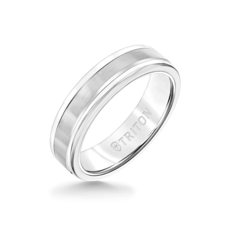 Triton 6MM White Tungsten Carbide Ring - Linear 14K White Gold Insert with Round Edge