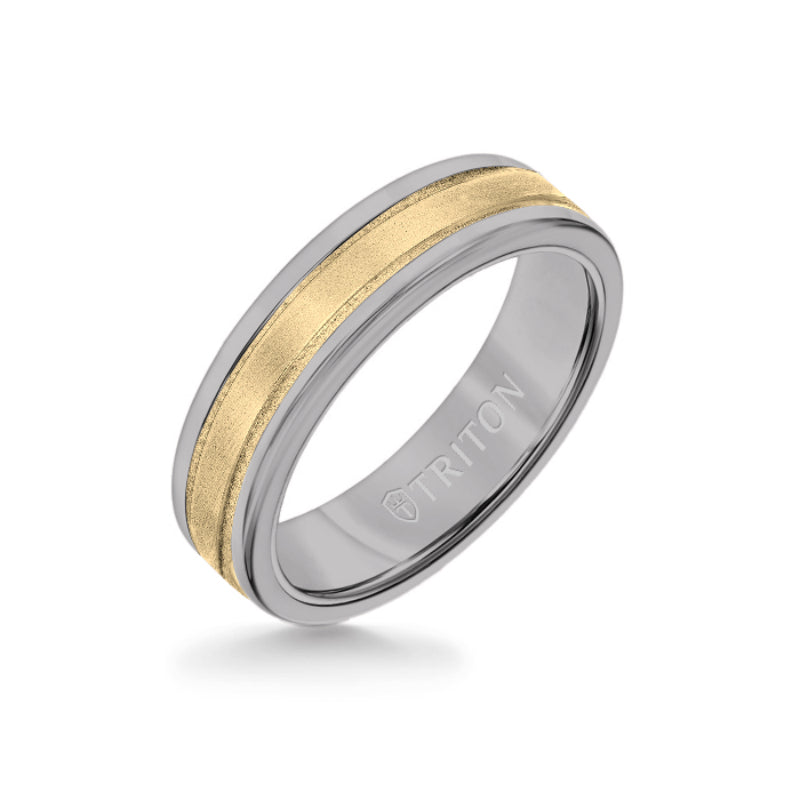 Triton 6MM Grey Tungsten Carbide Ring - Step Edge 14K Yellow Gold Insert with Round Edge