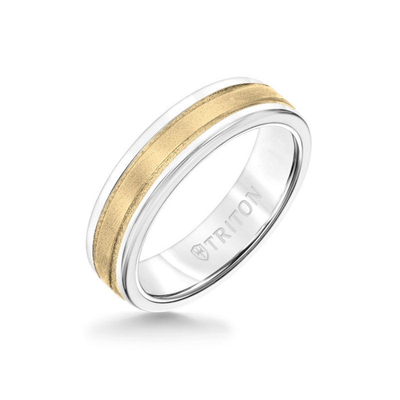 Triton 6MM White Tungsten Carbide Ring - Step Edge 14K Yellow Gold Insert with Round Edge