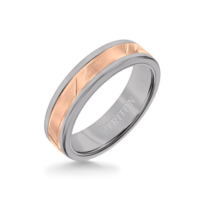 Triton 6MM Grey Tungsten Carbide Ring - Bevel Diagonal Cut 14K Rose Gold Insert with Round Edge