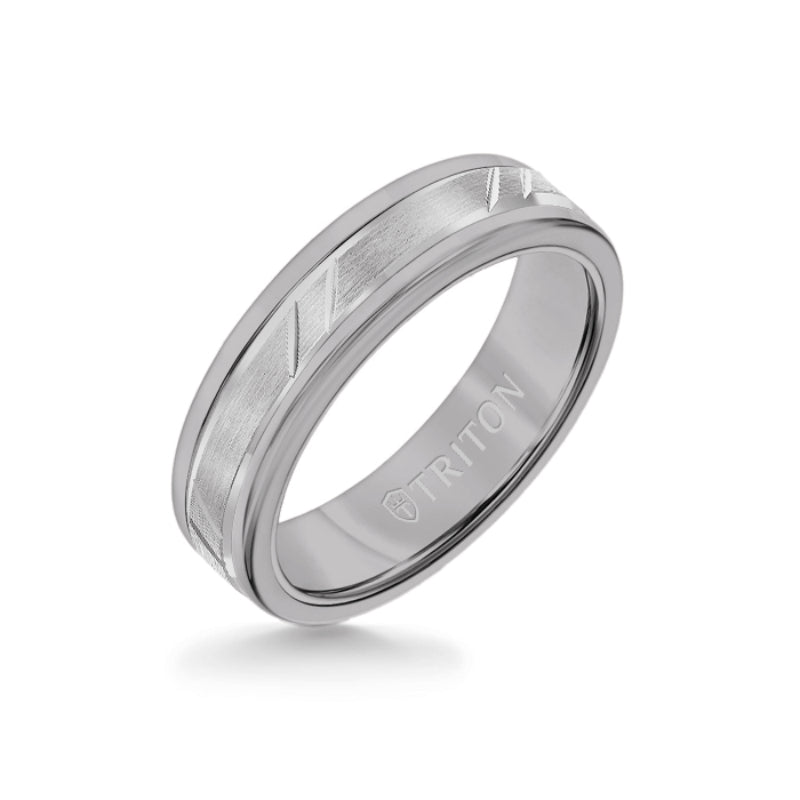 Triton 6MM Grey Tungsten Carbide Ring - Bevel Diagonal Cut 14K White Gold Insert with Round Edge