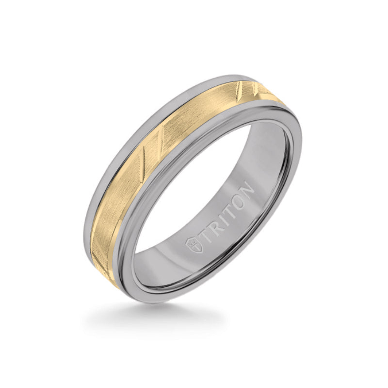 Triton 6MM Grey Tungsten Carbide Ring - Bevel Diagonal Cut 14K Yellow Gold Insert with Round Edge