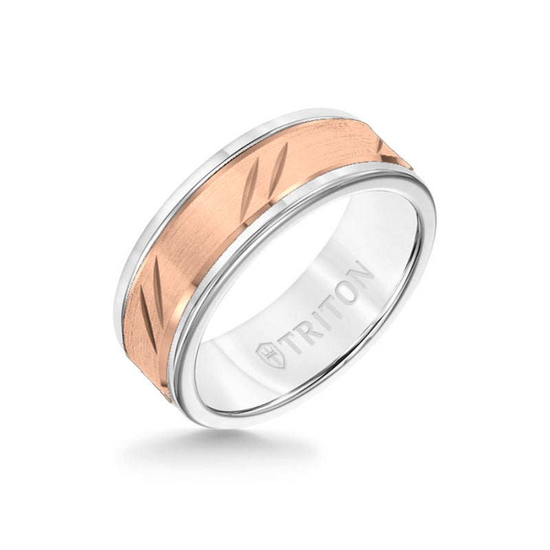 Triton 8MM White Tungsten Carbide Ring - Bevel Diagonal Cut 14K Rose Gold Insert with Round Edge