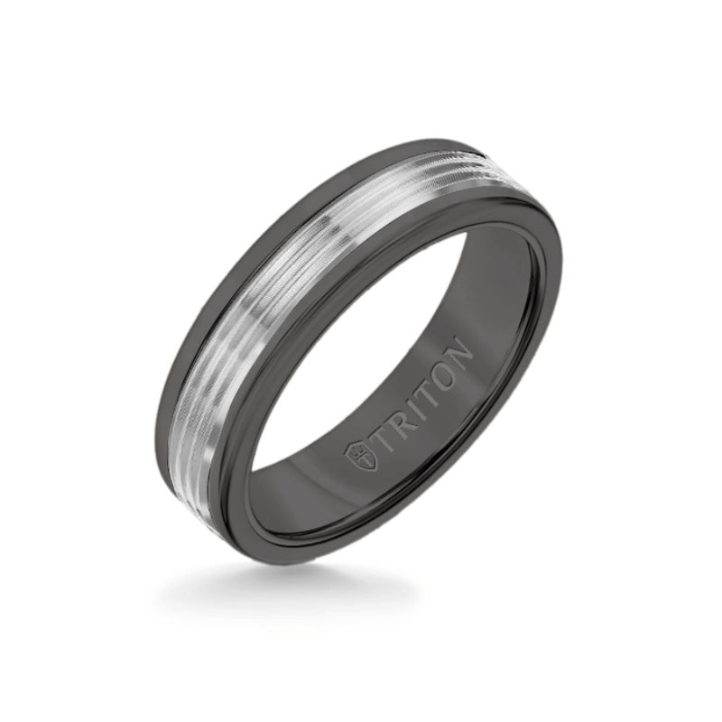 Triton 6MM Black Tungsten Carbide Ring - Serrated Engraved 14K White Gold Insert with Round Edge