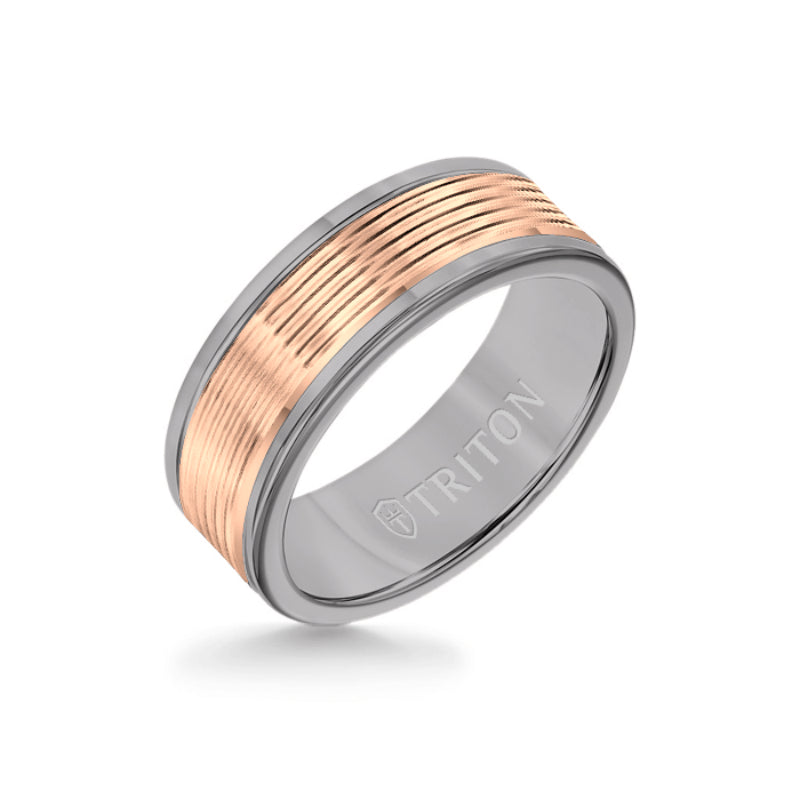 Triton 8MM Grey Tungsten Carbide Ring - Serrated Engraved 14K Rose Insert with Round Edge