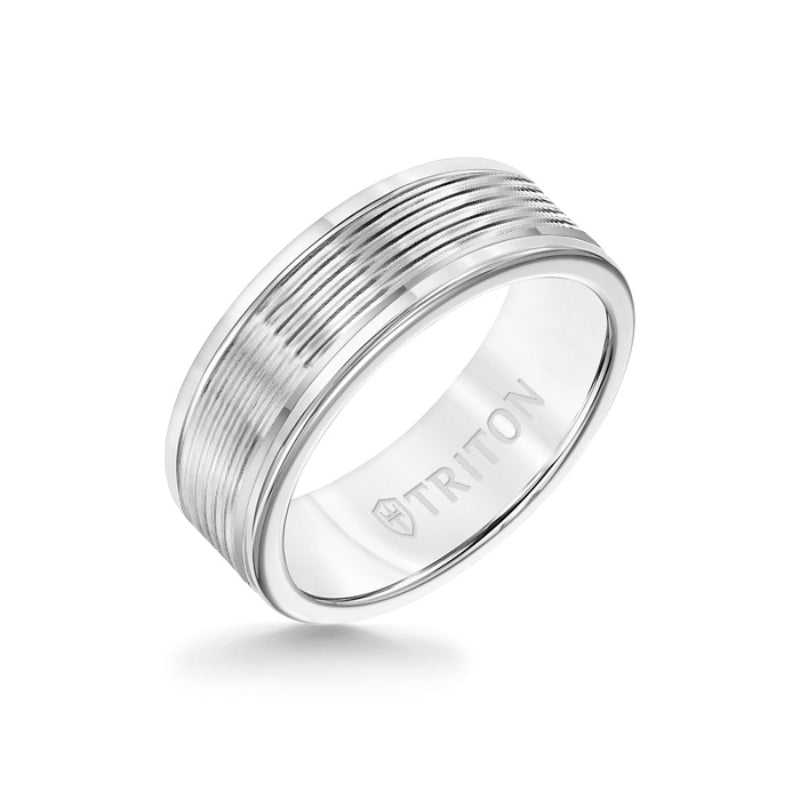 Triton 8MM White Tungsten Carbide Ring - Serrated Engraved 14K White Insert with Round Edge