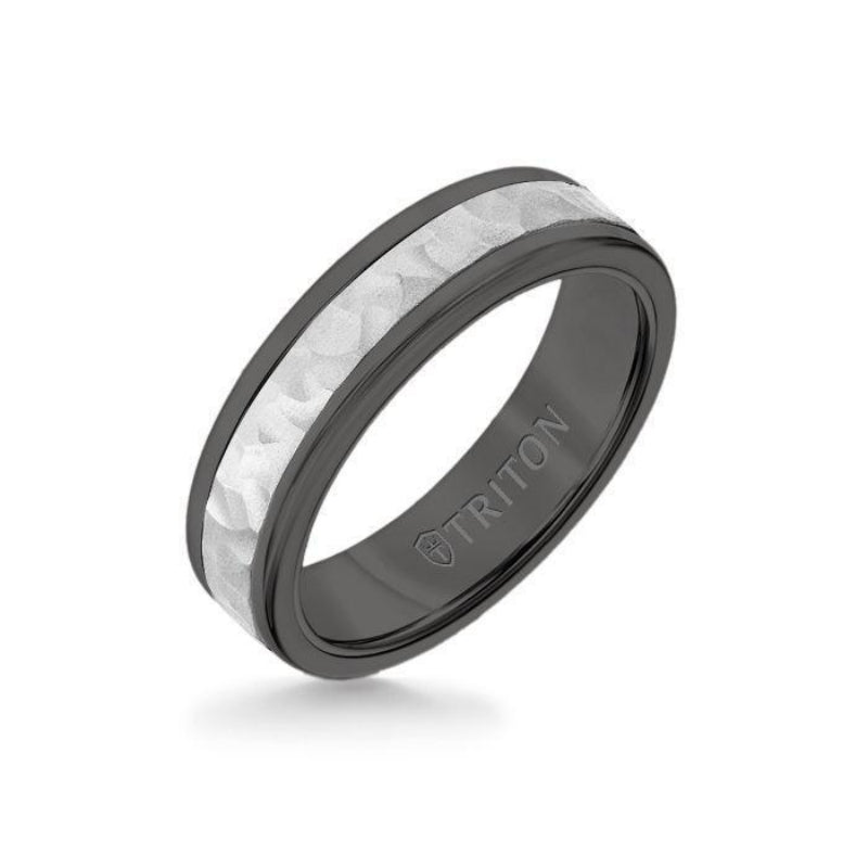 Triton 6MM Black Tungsten Carbide Ring - Hammered 14K White Gold Insert with Round Edge