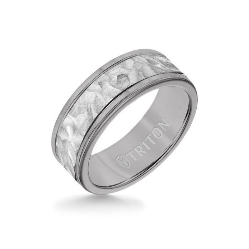 Triton 8MM Grey Tungsten Carbide Ring - Hammered 14K White Gold Insert with Round Edge