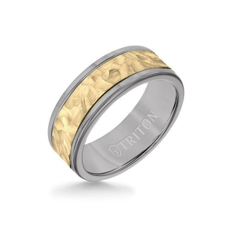 Triton 8MM Grey Tungsten Carbide Ring - Hammered 14K Yellow Gold Insert with Round Edge