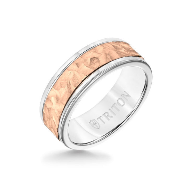 Triton 8MM White Tungsten Carbide Ring - Hammered 14K Rose Gold Insert with Round Edge