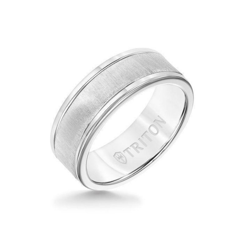 Triton 8MM White Tungsten Carbide Ring - Vertical Satin 14K White Gold Insert with Round Edge