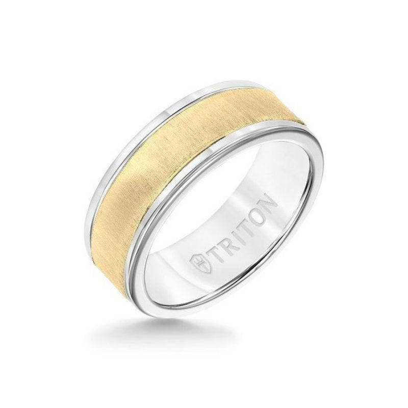 Triton 8MM White Tungsten Carbide Ring - Vertical Satin 14K Yellow Gold Insert with Round Edge