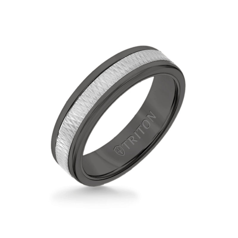 Triton 6MM Black Tungsten Carbide Ring - Criss Cross 14K White Gold Insert with Round Edge