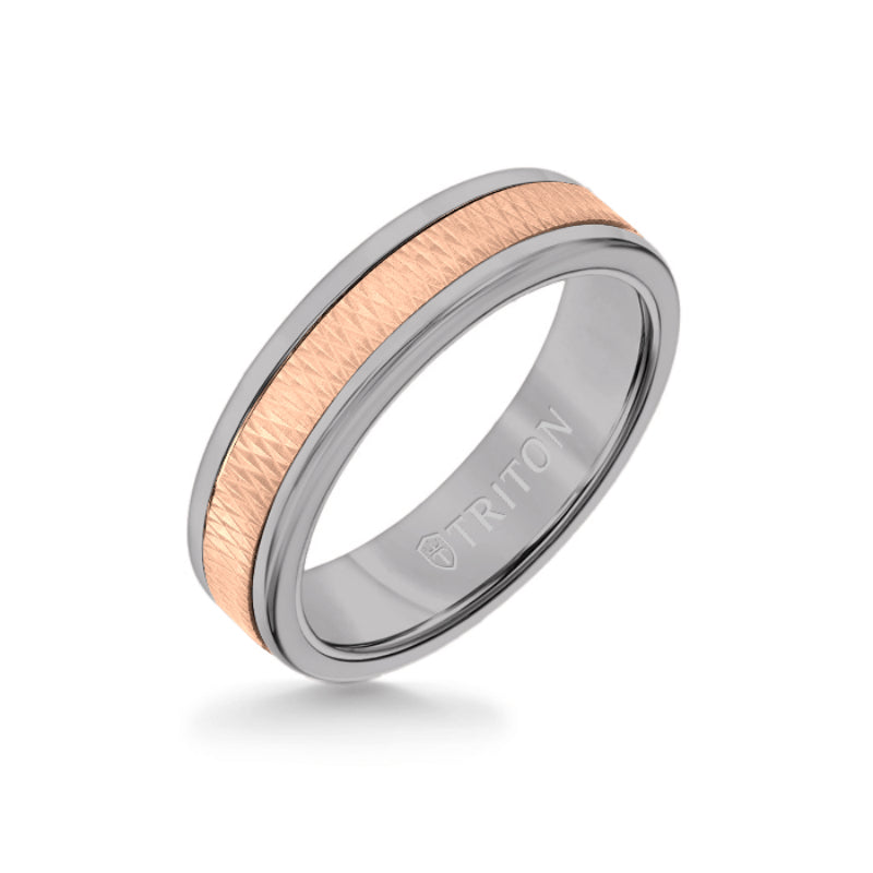 Triton 6MM Grey Tungsten Carbide Ring - Criss Cross 14K Rose Gold Insert with Round Edge