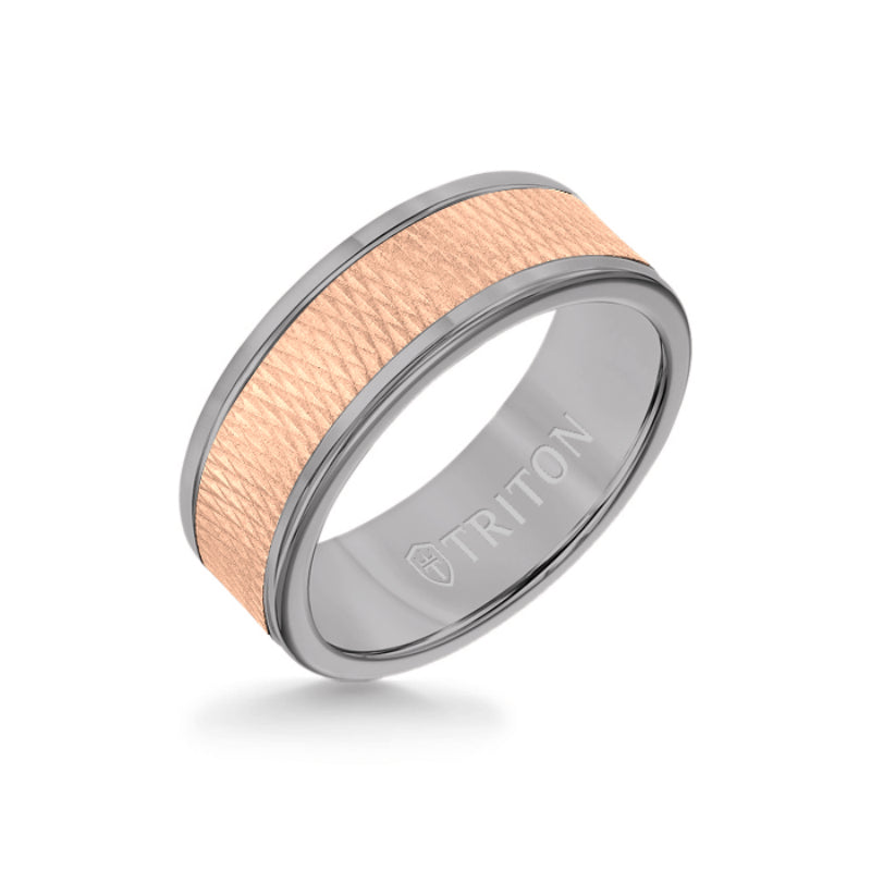 Triton 8MM Grey Tungsten Carbide Ring - Criss Cross 14K Rose Gold Insert with Round Edge