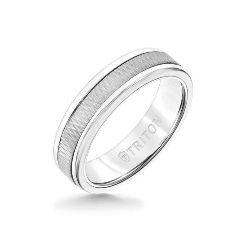 Triton 6MM White Tungsten Carbide Ring - Criss Cross 14K White Gold Insert with Round Edge