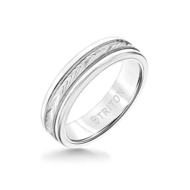Triton 6MM White Tungsten Carbide Ring - Herringbone 14K White Gold Insert with Round Edge