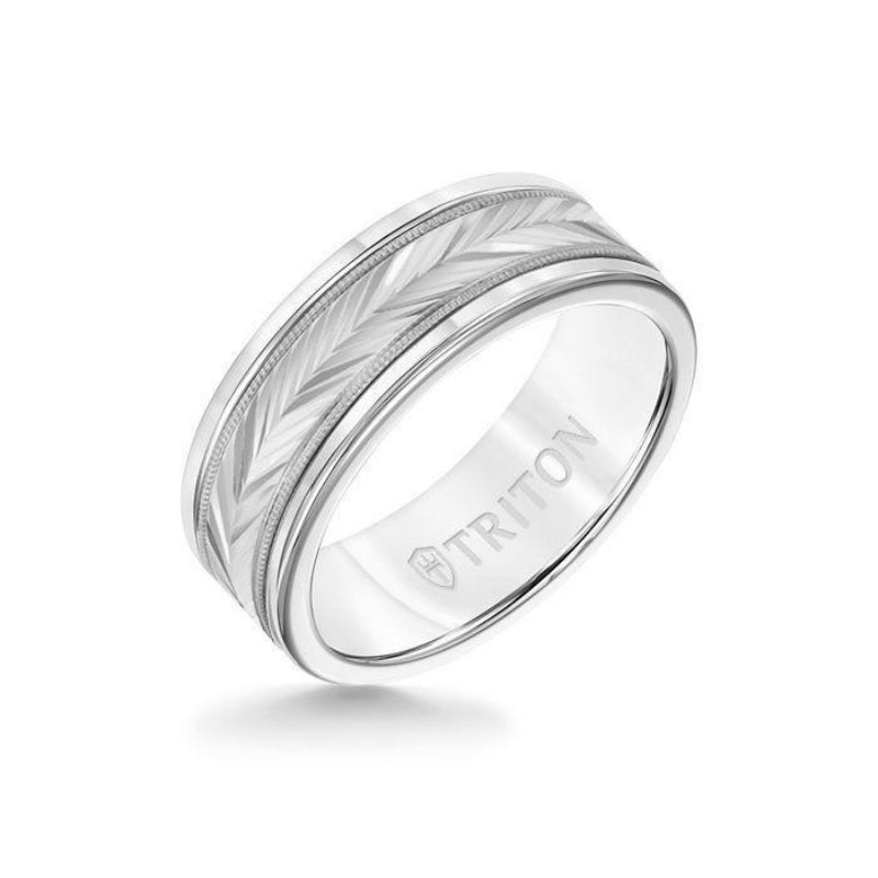 Triton 8MM White Tungsten Carbide Ring - Herringbone 14K White Gold Insert with Round Edge