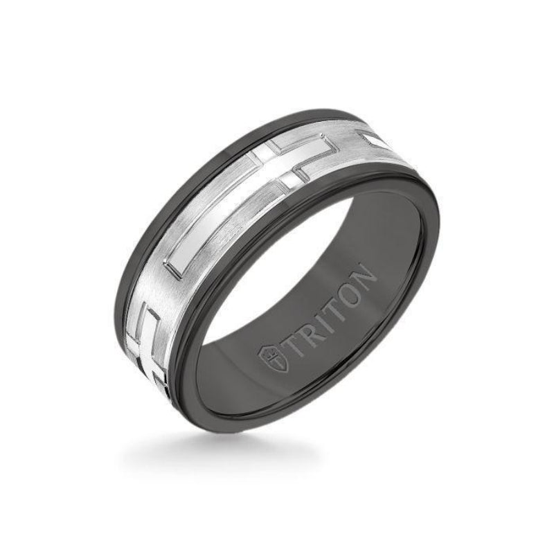 Triton 8MM Black Tungsten Carbide Ring - Religious 14K White Gold Insert with Round Edge