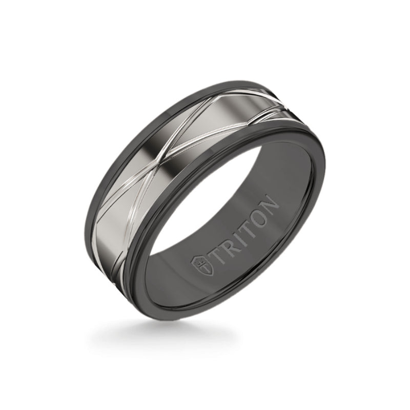 Triton 8MM Black Tungsten Carbide Ring - Oblong Infinity 14K White Gold Insert with Round Edge