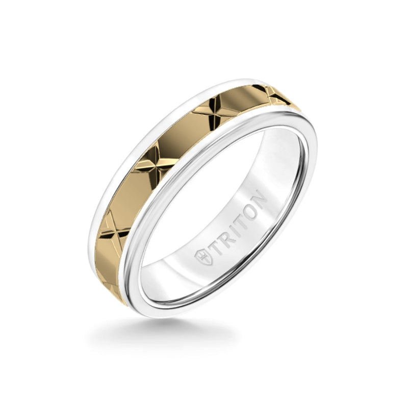 Triton 6MM White Tungsten Carbide Ring - StarX 14K Yellow Gold Insert with Round Edge