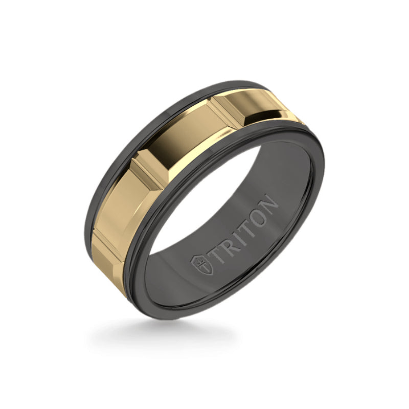 Triton 8MM Black Tungsten Carbide Ring - Beveled Prism 14K Yellow Gold Insert with Round Edge