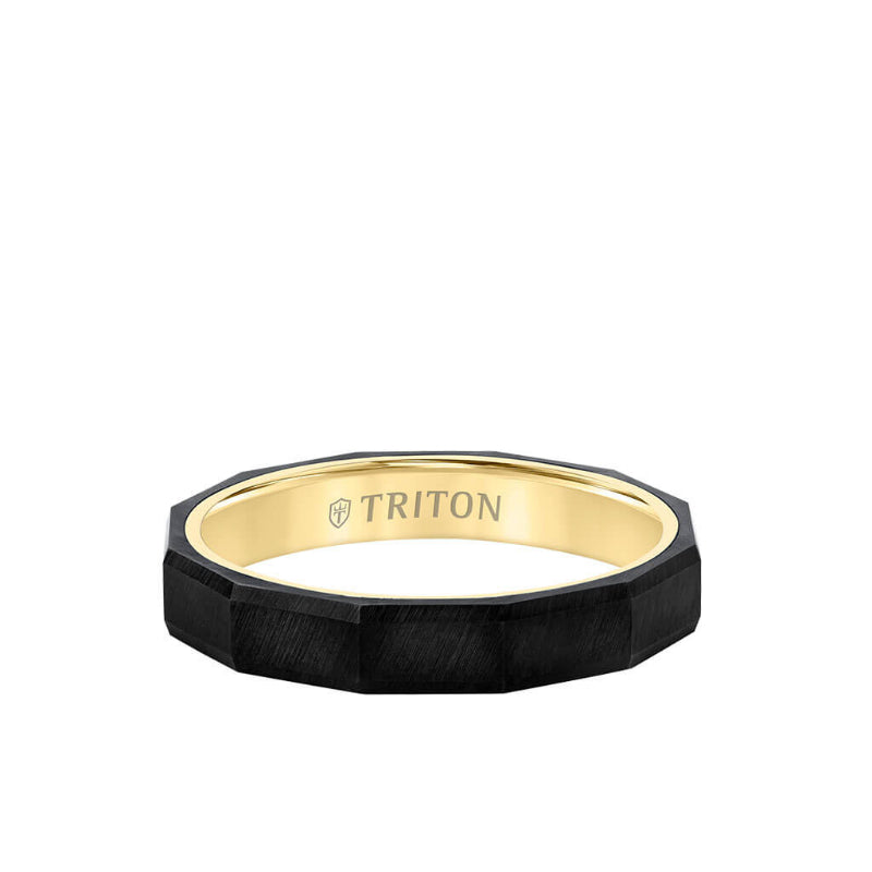 Triton 4MM Tungsten Carbide + 14K Gold Ring - Faceted Pattern 14K Gold Interior