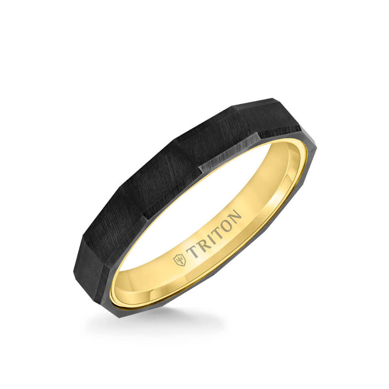 Triton 4MM Tungsten Carbide + 14K Gold Ring - Faceted Pattern 14K Gold Interior