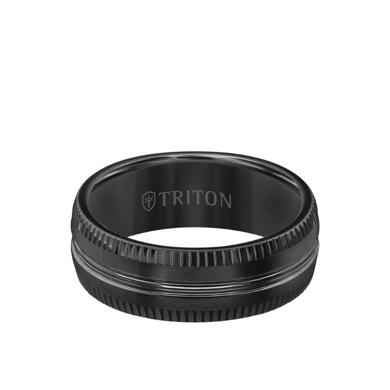 Triton 8MM Tungsten Carbide Ring - Horizontal Center Lines and Coin Edge