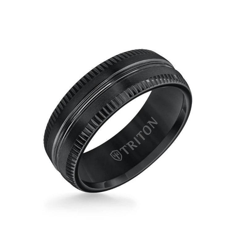 Triton 8MM Tungsten Carbide Ring - Horizontal Center Lines and Coin Edge