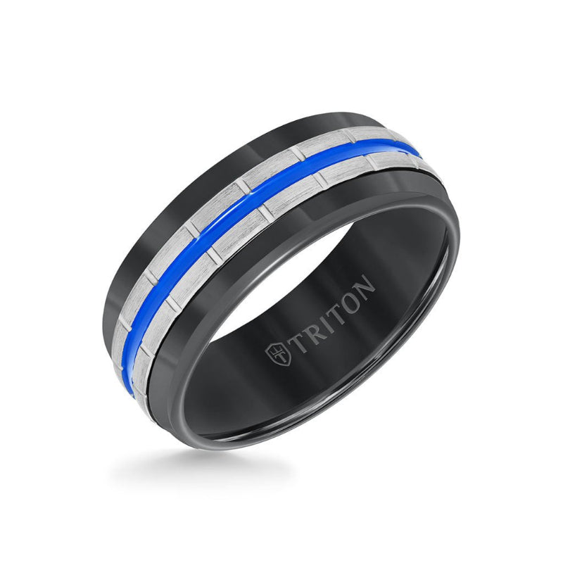 Triton 8.5MM Tungsten Carbide Ring - Center Stripe and Flat Edge