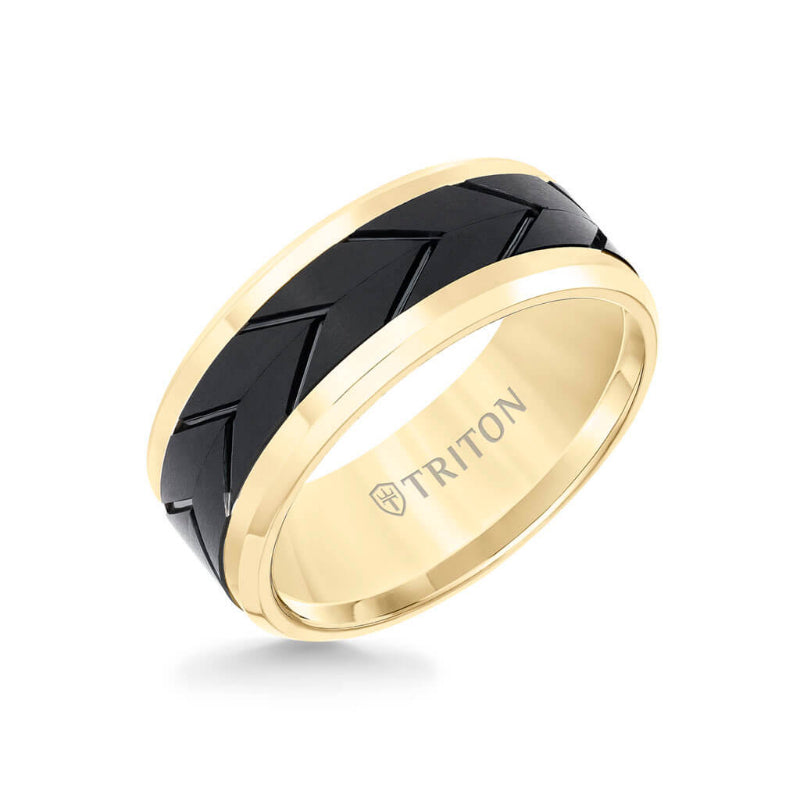Triton 8MM Tungsten Carbide Ring - Black Tire Tread Center and Bevel Edge