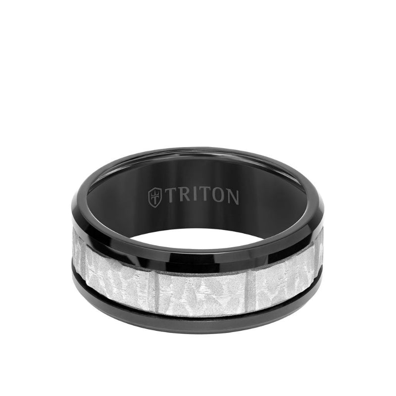 Triton 9MM Tungsten Carbide Ring - Grey Sandblasted Distressed Center and Bevel Edge