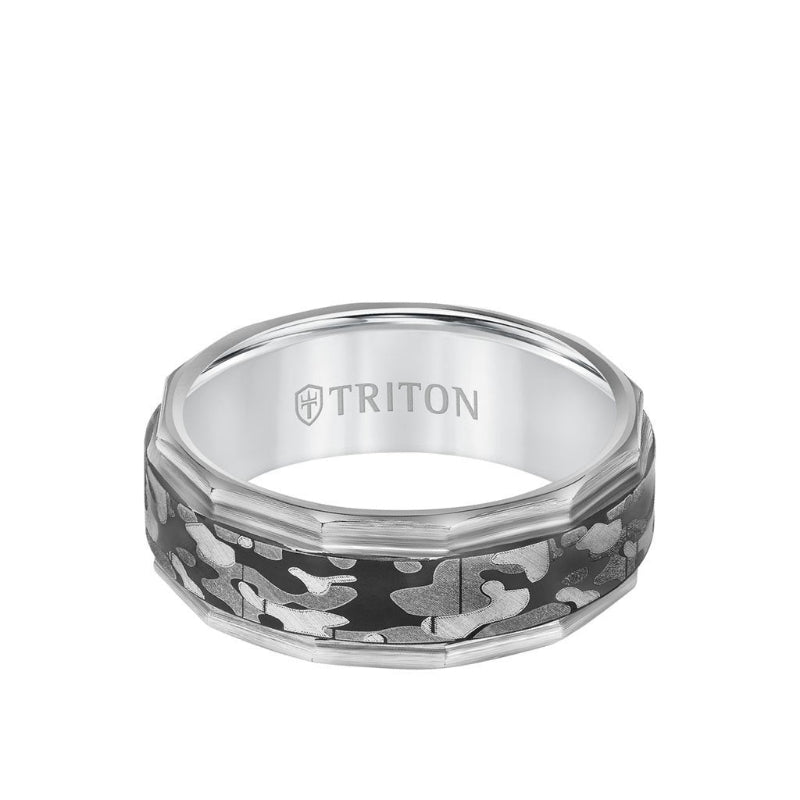 Triton 8MM Tungsten Carbide Ring - Camo Pattern and Faceted Edge