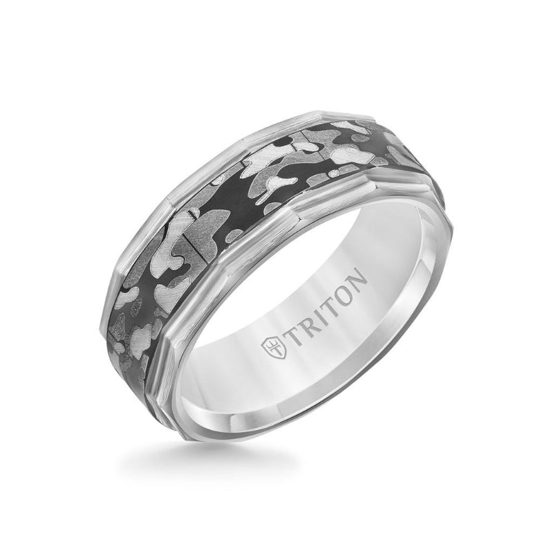 Triton 8MM Tungsten Carbide Ring - Camo Pattern and Faceted Edge