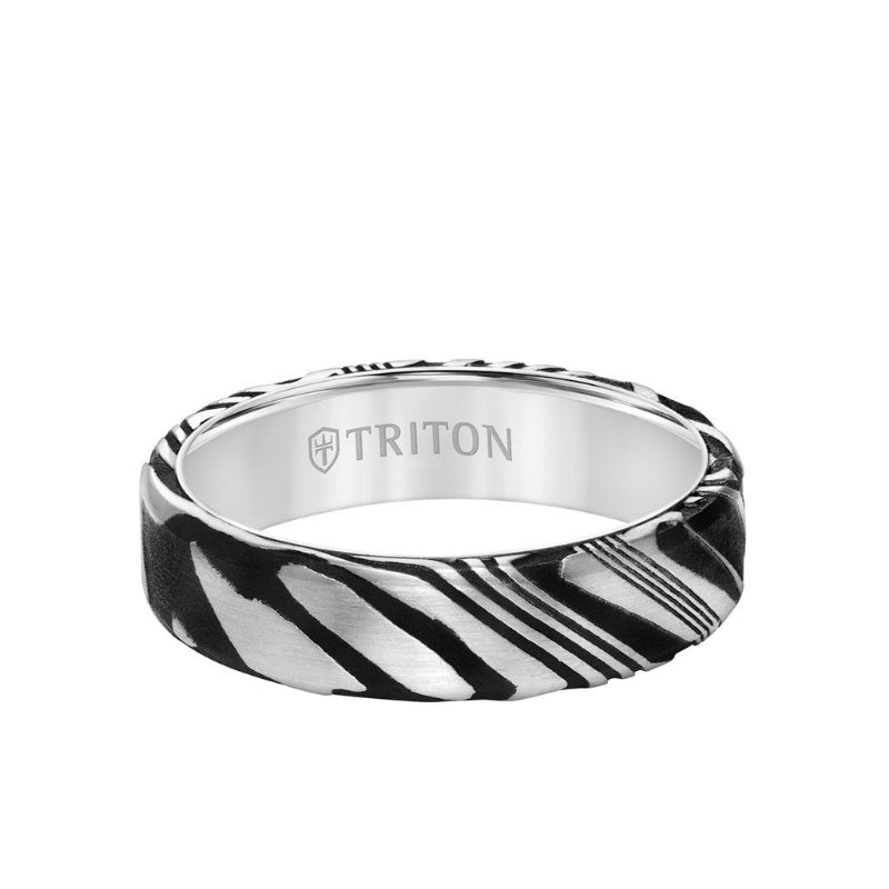 Triton 6MM White Tungsten Carbide Ring with Damascus Steel